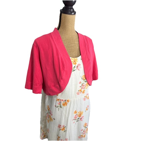 Plus Size XL 2-Piece Outfit Floral Linen Dress & Pink Cropped Jacket Set - Picture 3 of 16